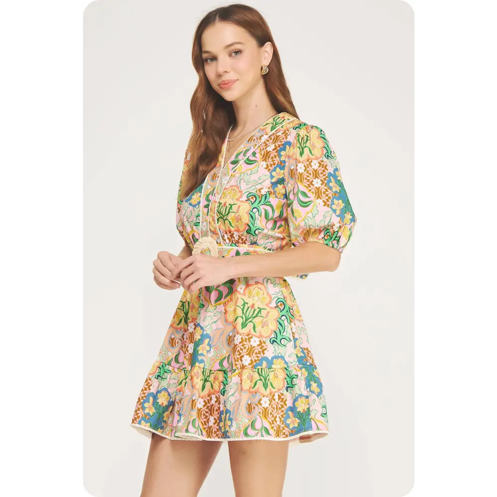 Garden Party Puff Sleeve Belted Cotton Mini Dress