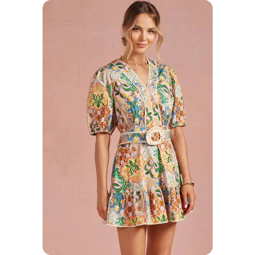 Garden Party Puff Sleeve Belted Cotton Mini Dress