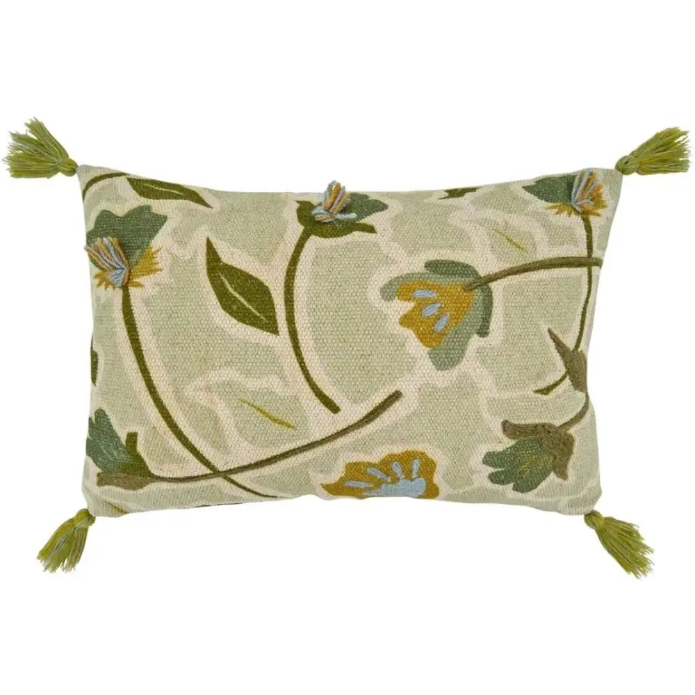 Green Embroidered Floral Cotton 16’’x24’’ Throw Pillow - Cover + Insert - Lumbar Pillow