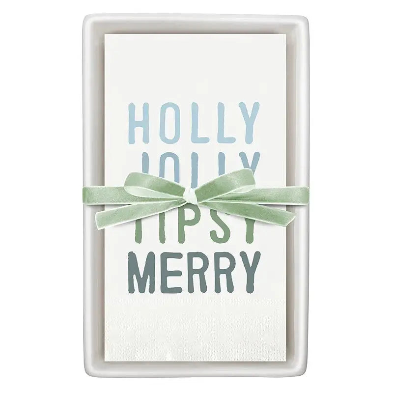 Holly Jolly Guest Napkin Tray & Napkin Set - Christmas Napkins