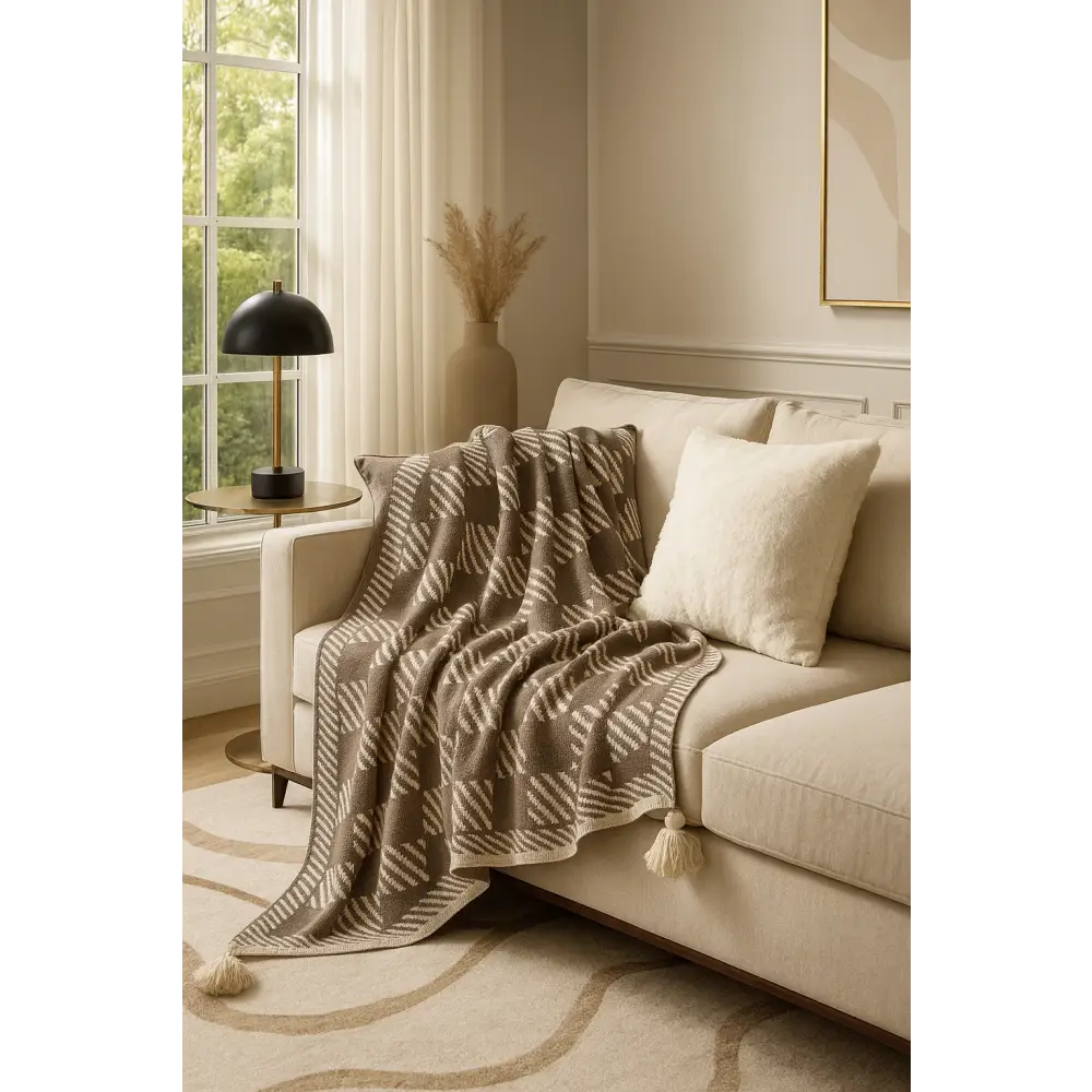 Khaki-Ivory Check Striped 50’’x60’’ Throw Blanket - BLANKET