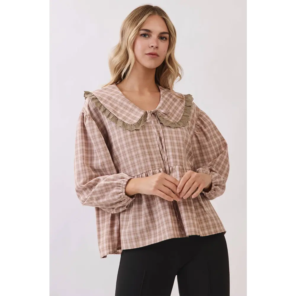 Lace Trim Peter Pan Collar Top RT264 - L / MOCHA COMBO