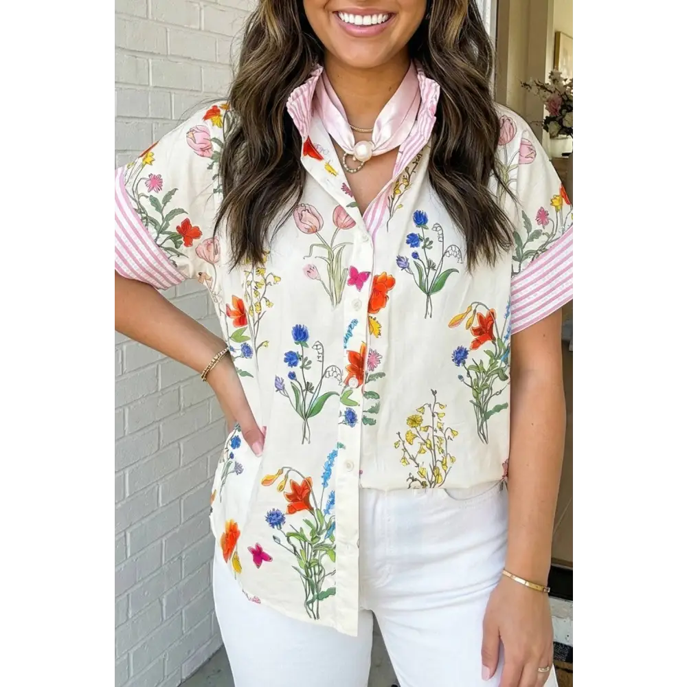 LAS-LIVE Floral Striped Printed Button Top (S-XL)