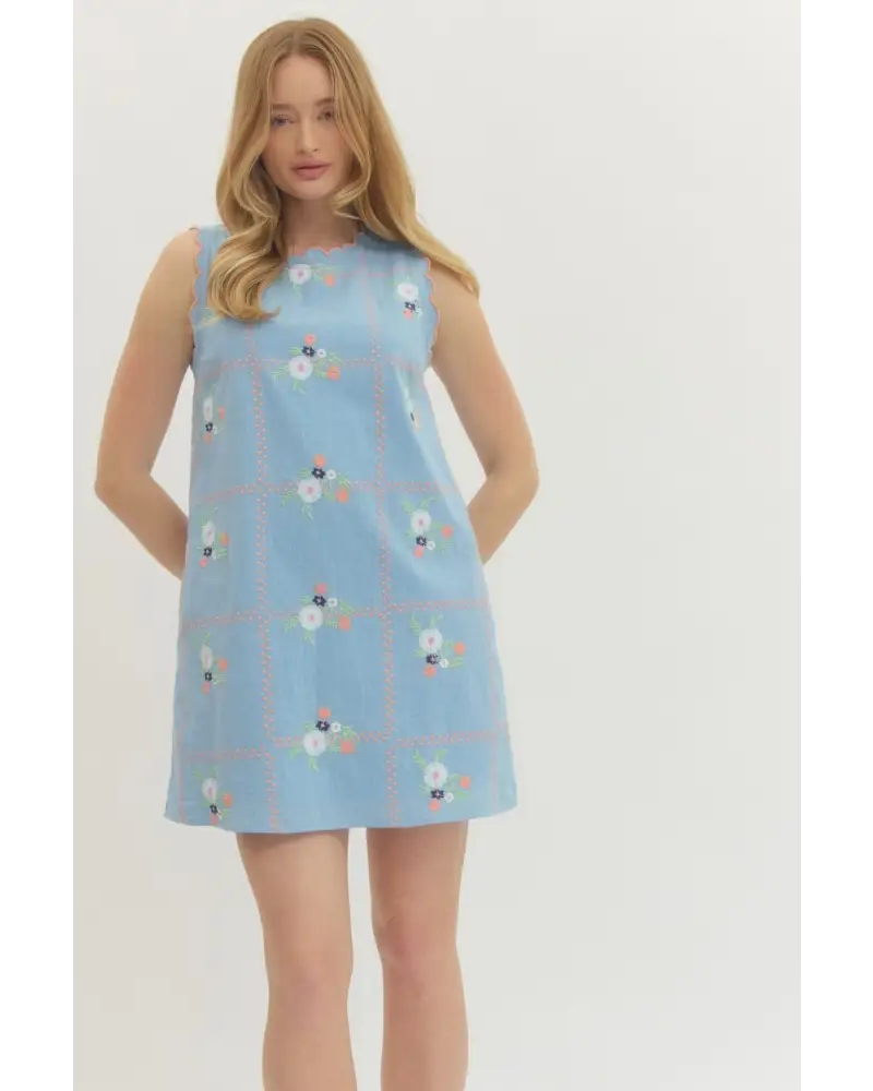 Linen Scalloped Dress - Blue / S - Dress