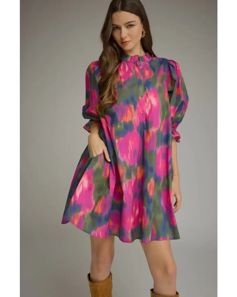 Magenta Watercolor Mini Dress - S - Dress