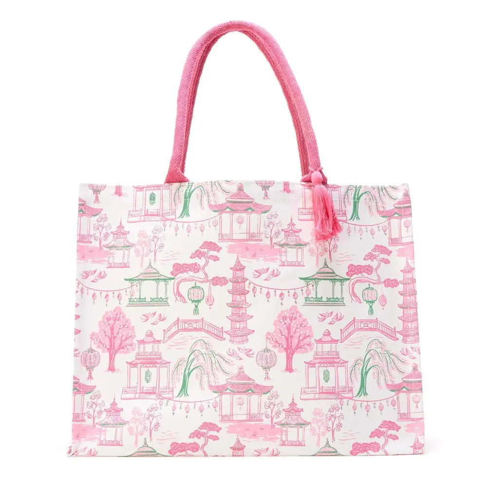 Mahjong Block Print Pattern Tote Bag with Inside Zippered Pocket - Tote