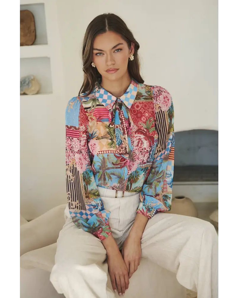 Melani Tropical Matra Long Sleeve Collared Blouse