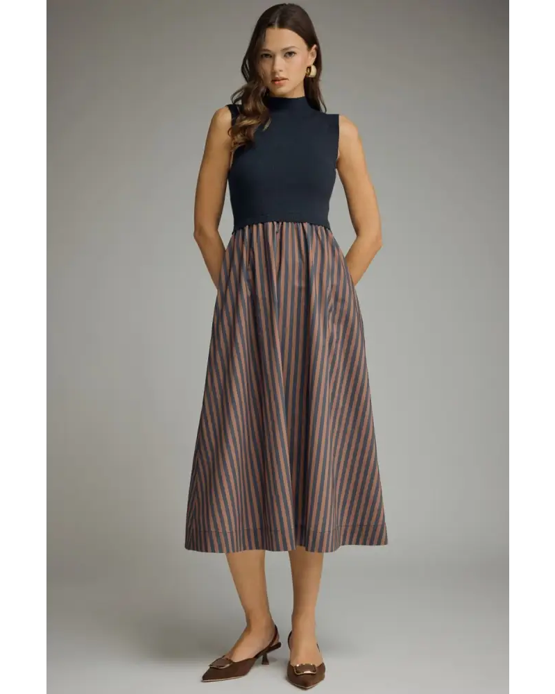 Midi Navy Stripe Dress - S - Dress