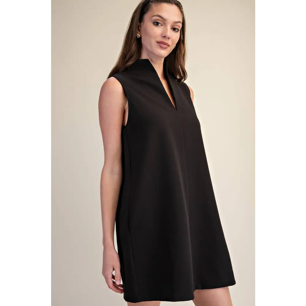 Mini Dress Stand Collar Slit V-Neck Sleeveless