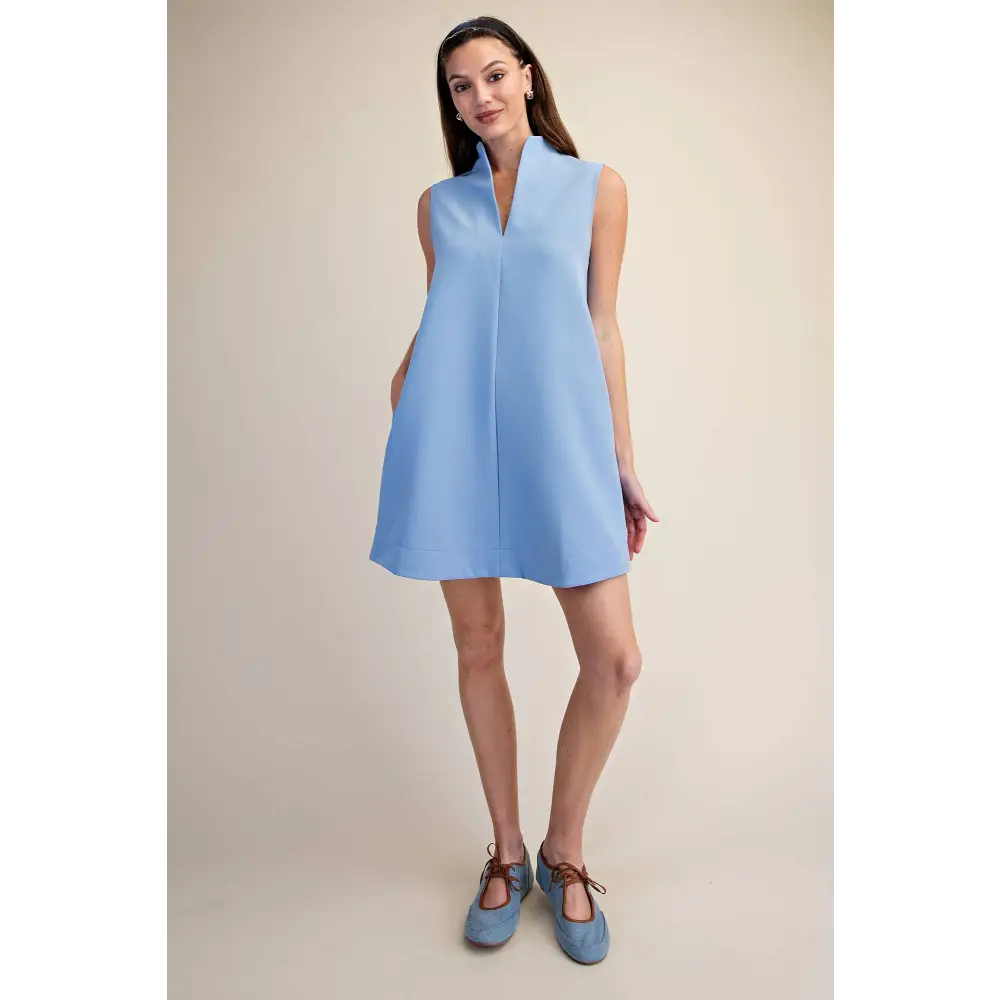 Mini Dress Stand Collar Slit V-Neck Sleeveless