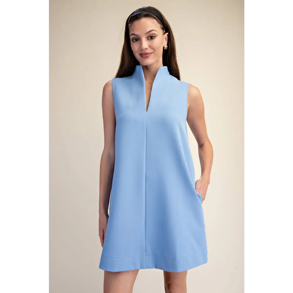 Mini Dress Stand Collar Slit V-Neck Sleeveless