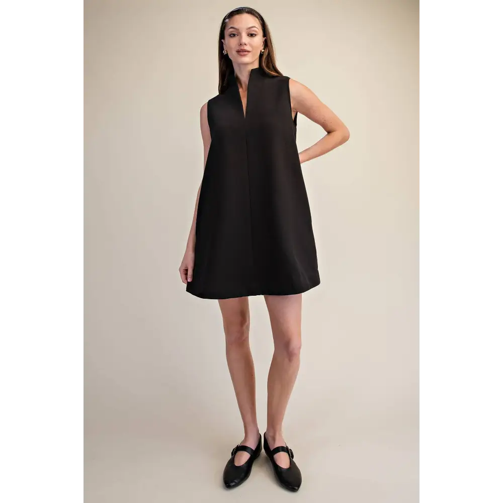 Mini Dress Stand Collar Slit V-Neck Sleeveless
