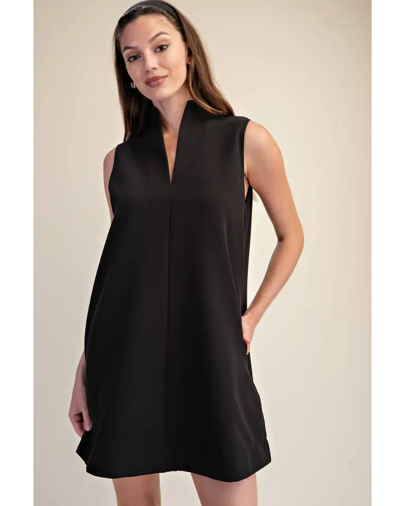 Mini Dress Stand Collar Slit V-Neck Sleeveless - L / Black