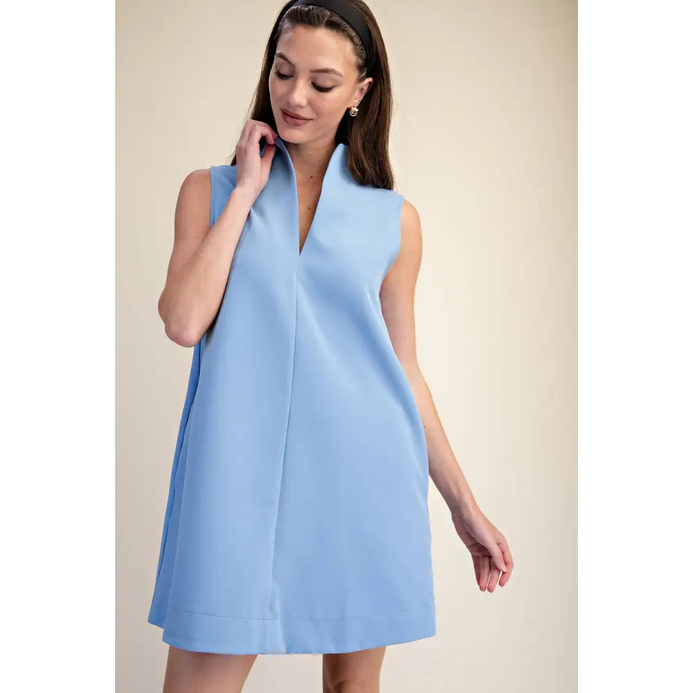 Mini Dress Stand Collar Slit V-Neck Sleeveless - M / Blue