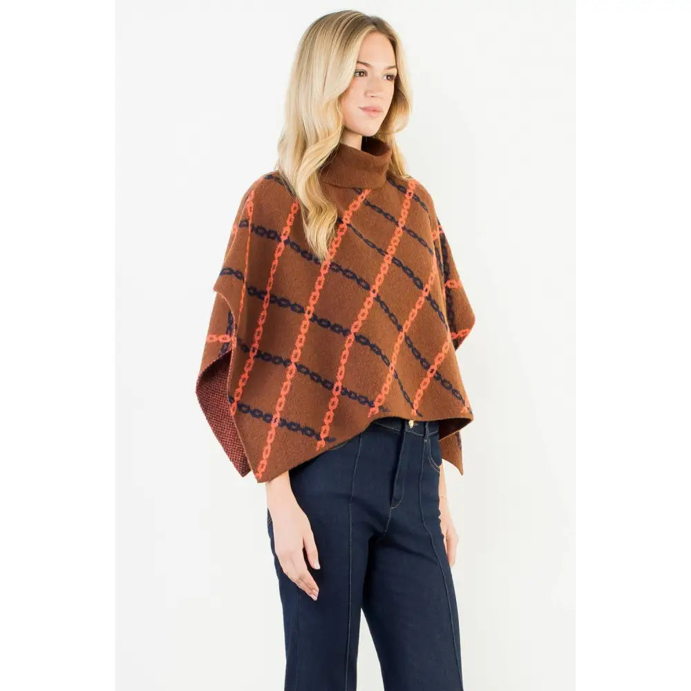 Mock Neck Chain Print Jacquard Poncho - BROWN / XS-S-M-L(1-2-2-1)