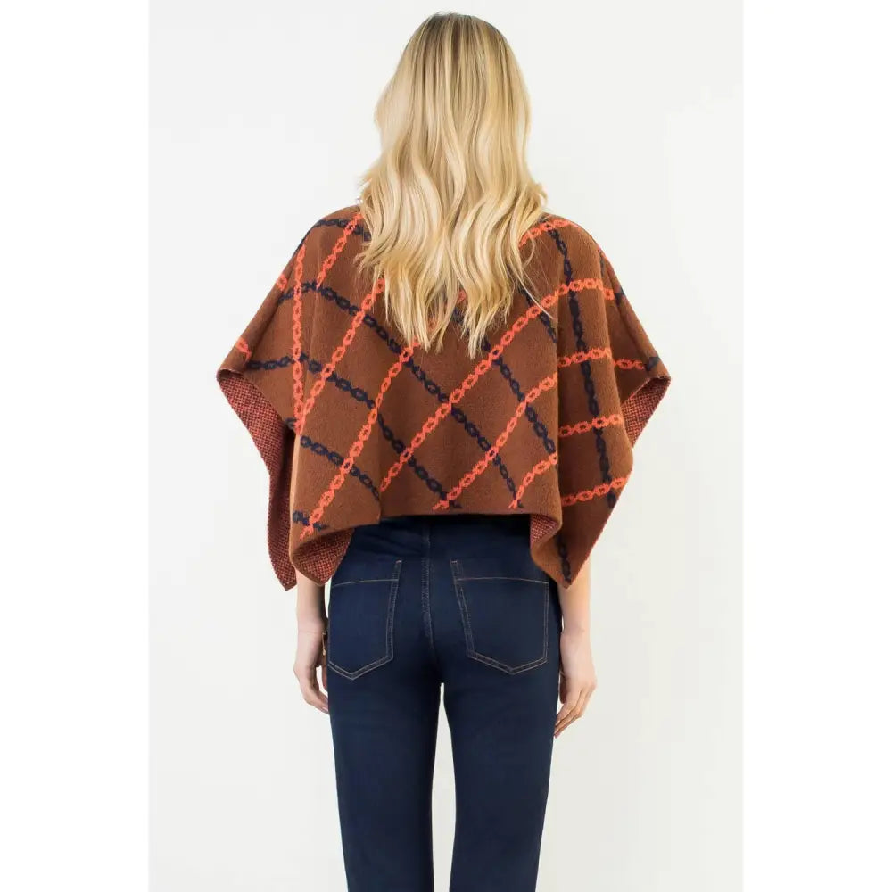 Mock Neck Chain Print Jacquard Poncho - BROWN / XS-S-M-L(1-2-2-1)