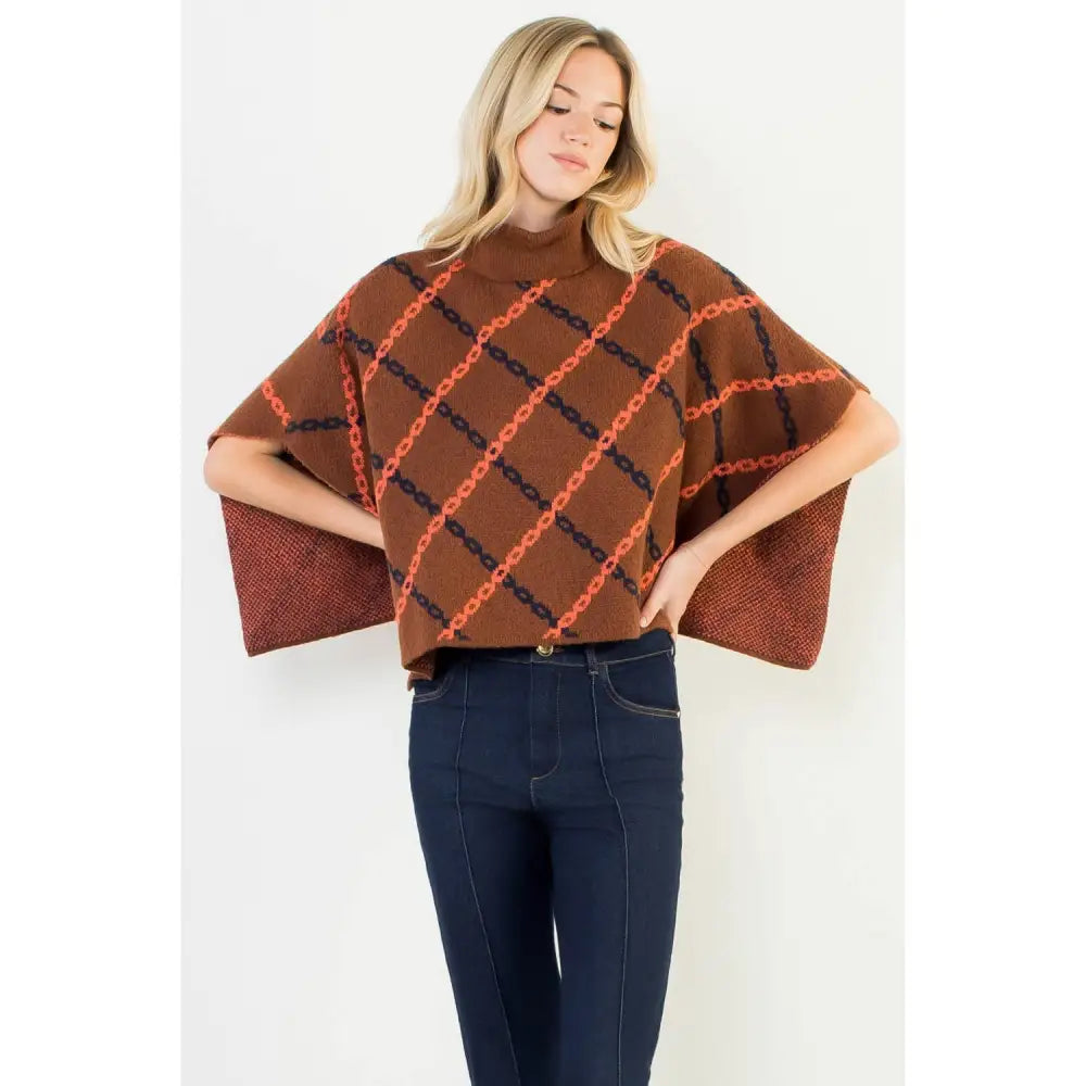 Mock Neck Chain Print Jacquard Poncho - BROWN / XS-S-M-L(1-2-2-1)