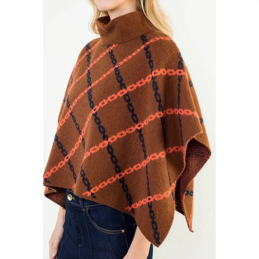 Mock Neck Chain Print Jacquard Poncho - BROWN / XS-S-M-L(1-2-2-1)