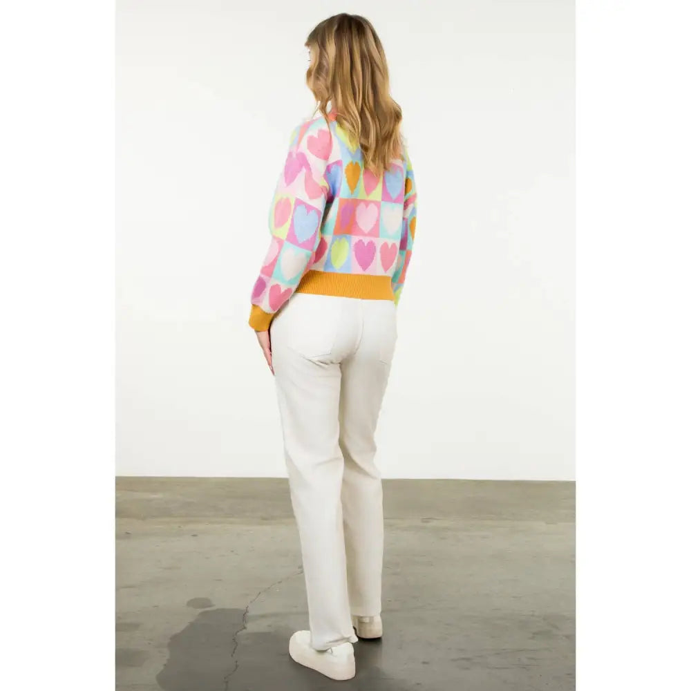 Mock Neck Heart Knit Sweater - PINK / XS-S-M-L(1-2-2-1)