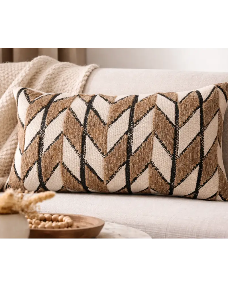 Natural Embroidered Chevron Block 12’’X24’’ Throw Pillow - Lumbar Pillow