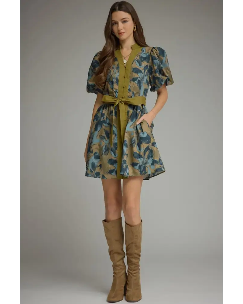 Olive Floral Mini Dress - S - Dress