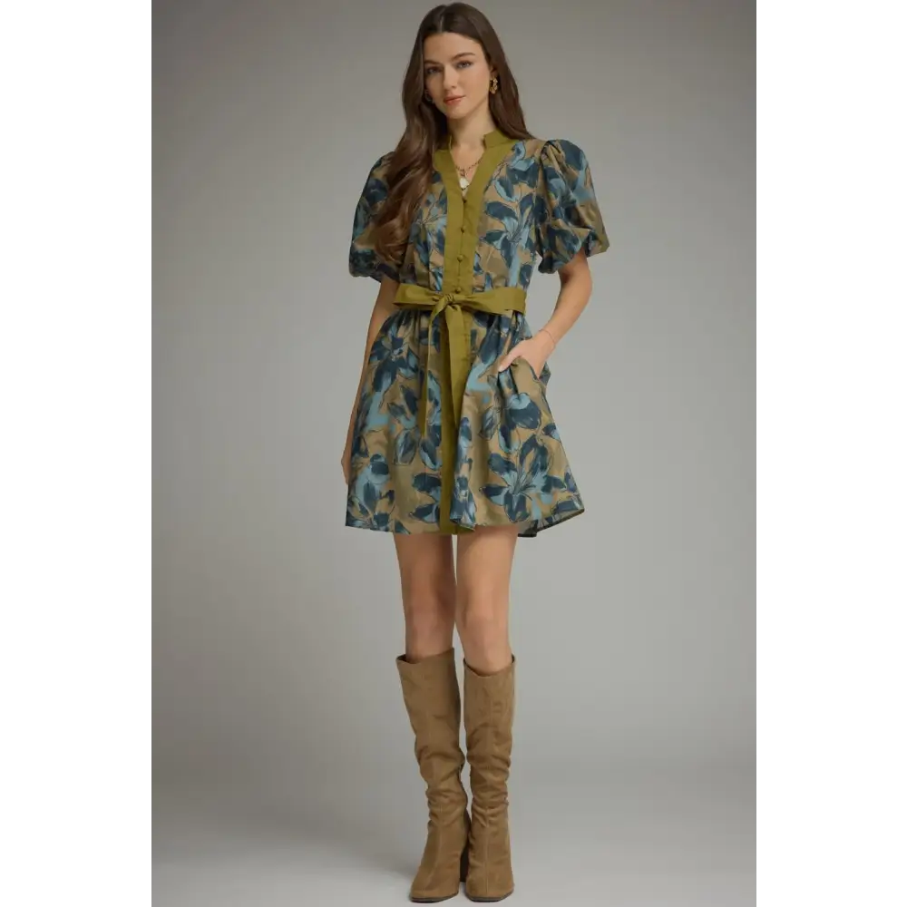 Olive Floral Mini Dress - S - Dress