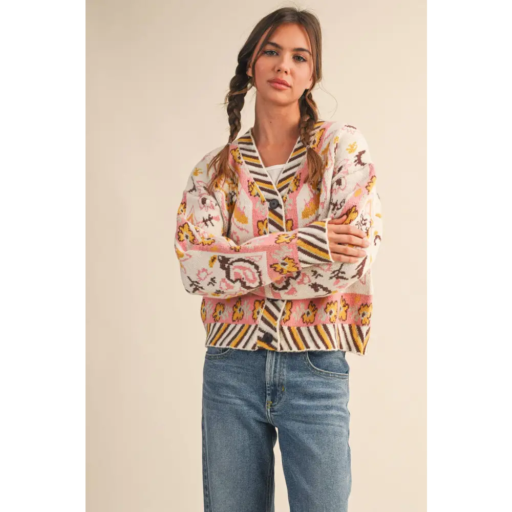 PAISLEY KNIT SWEATER CARDIGAN MSW11102 - Ivory Coral Multi / S