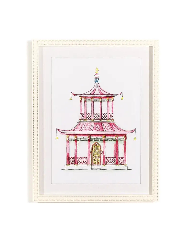 Pink Pagoda White Beaded Framed Wall Art Print - 1 - Artwork