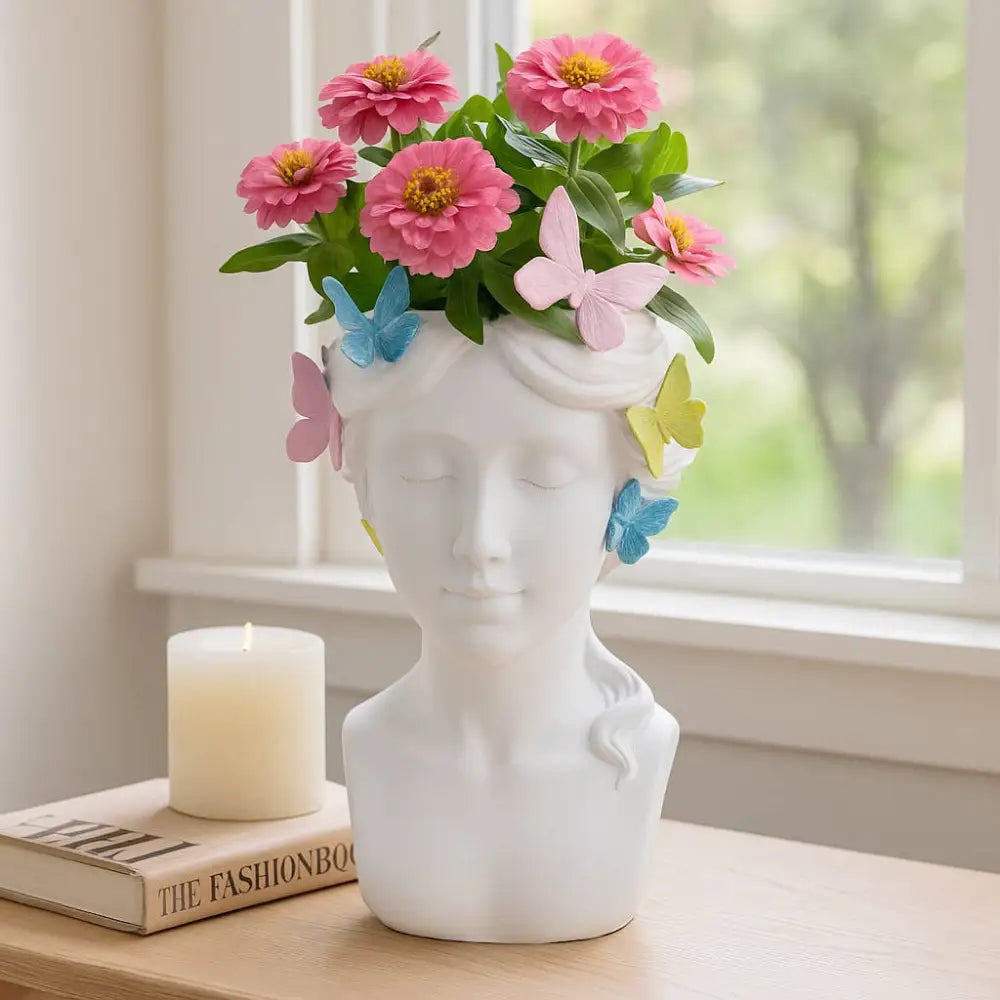 Plant Pot - White Polyresin Lady Multicolor Butterflies 7in