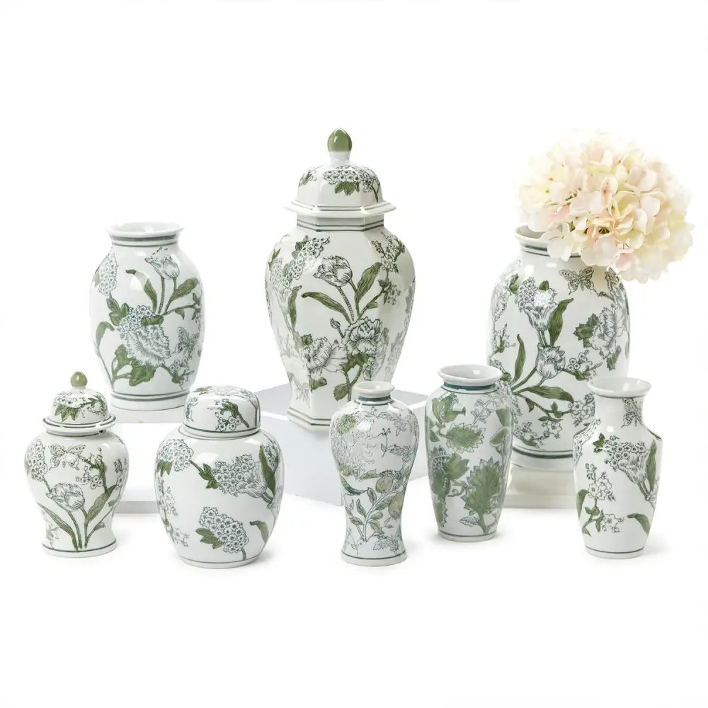 Primrose and Lotus Hand-Painted Green and White Chinoiserie Collection - Vase