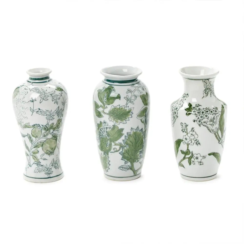 Primrose and Lotus Hand-Painted Green and White Chinoiserie Collection - Set of 3 Vases - Vase