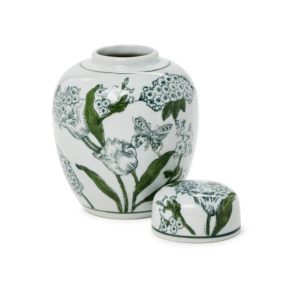 Primrose and Lotus Hand-Painted Green and White Chinoiserie Collection - 7.5’’ Ginger Jar - Vase