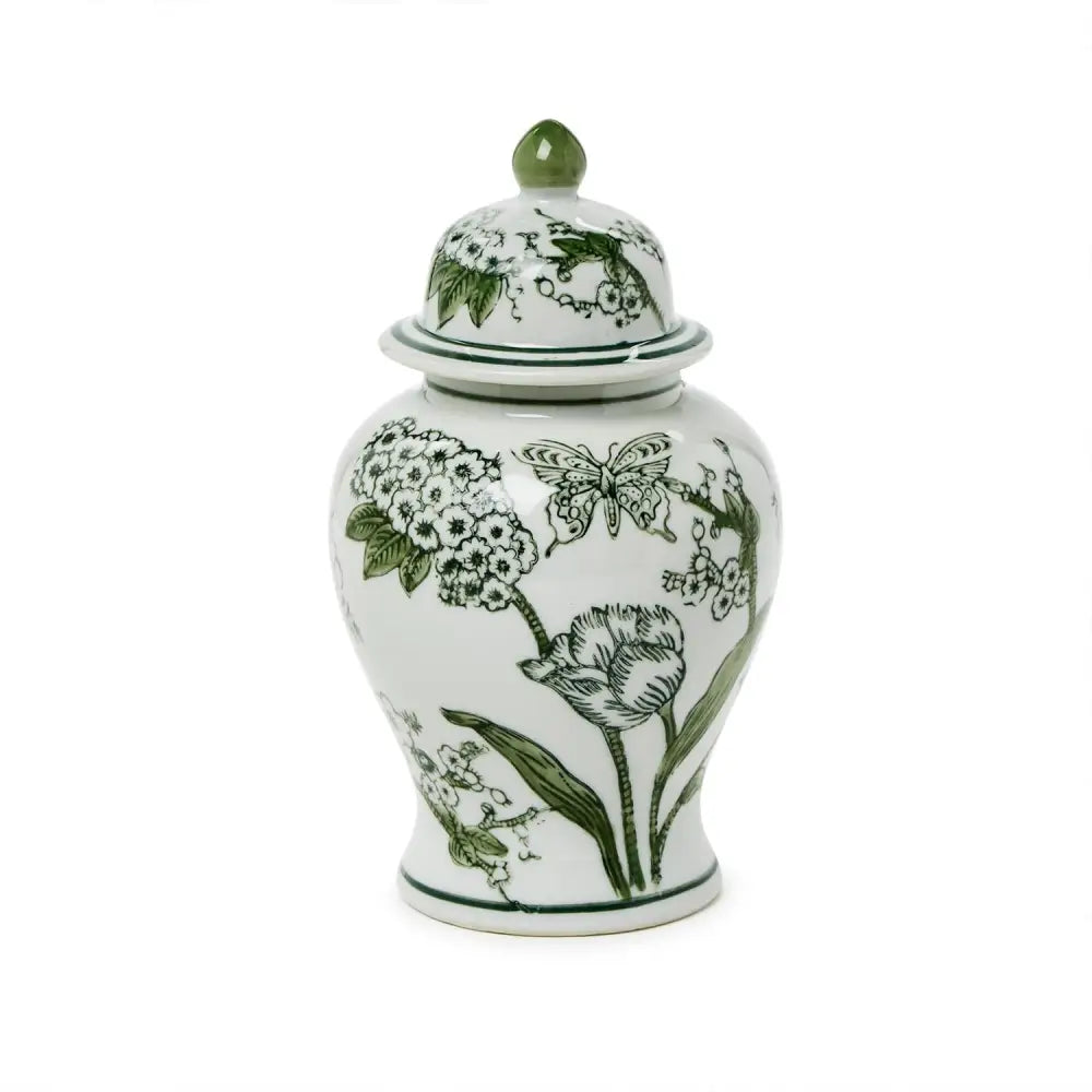 Primrose and Lotus Hand-Painted Green and White Chinoiserie Collection - 8’’ Jar - Vase