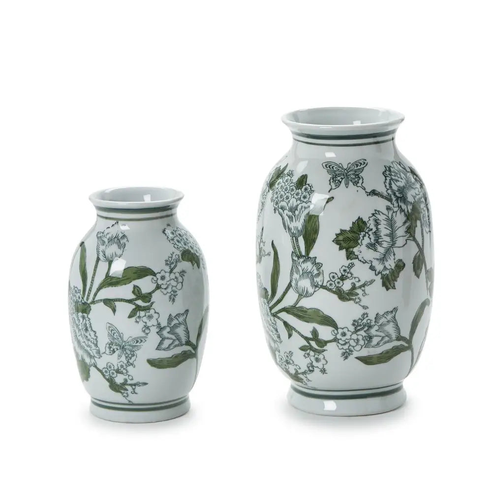 Primrose and Lotus Hand-Painted Green and White Chinoiserie Collection - Set of 2 Vases - Vase