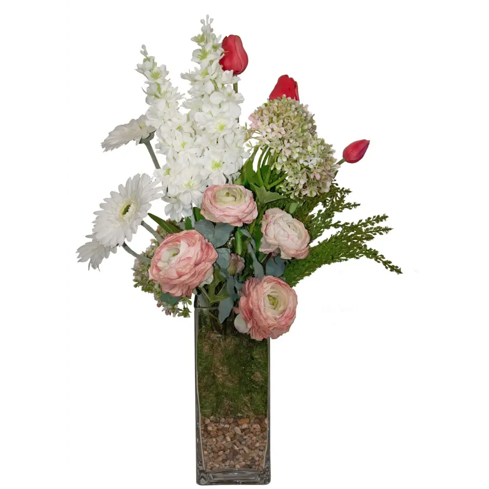 Ranunculus Daisy Tulip and Delphinium Arrangement - Flower Arrangements