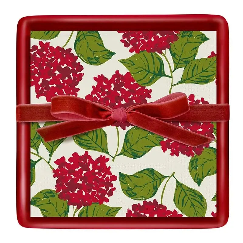 Red Hydrangea Napkin Tray & Napkin Set - Christmas Napkins