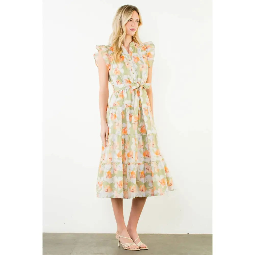 Ruffle Sleeves Floral Pattern Dress - PEACH / XS-S-M-L(1-2-2-1)