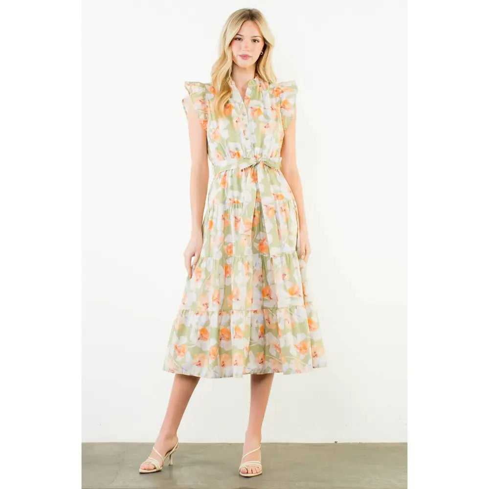 Ruffle Sleeves Floral Pattern Dress - PEACH / XS-S-M-L(1-2-2-1)