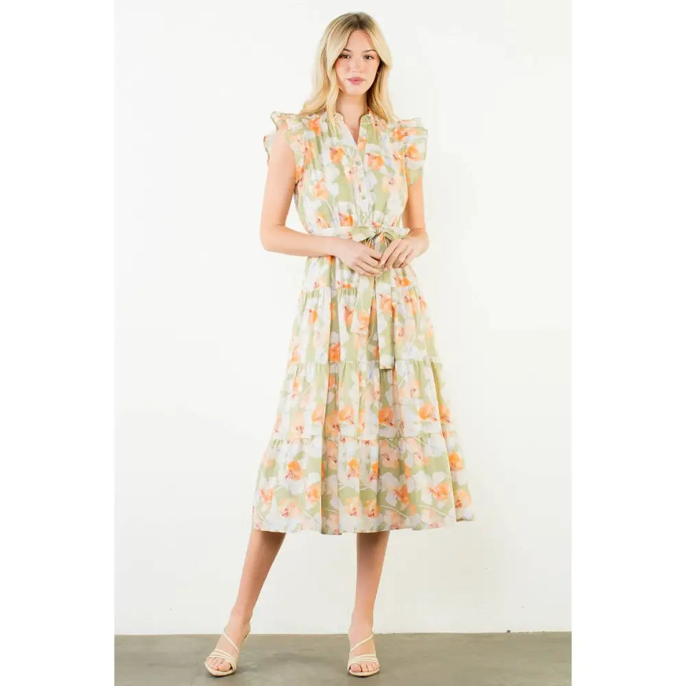 Ruffle Sleeves Floral Pattern Dress - PEACH / XS-S-M-L(1-2-2-1)