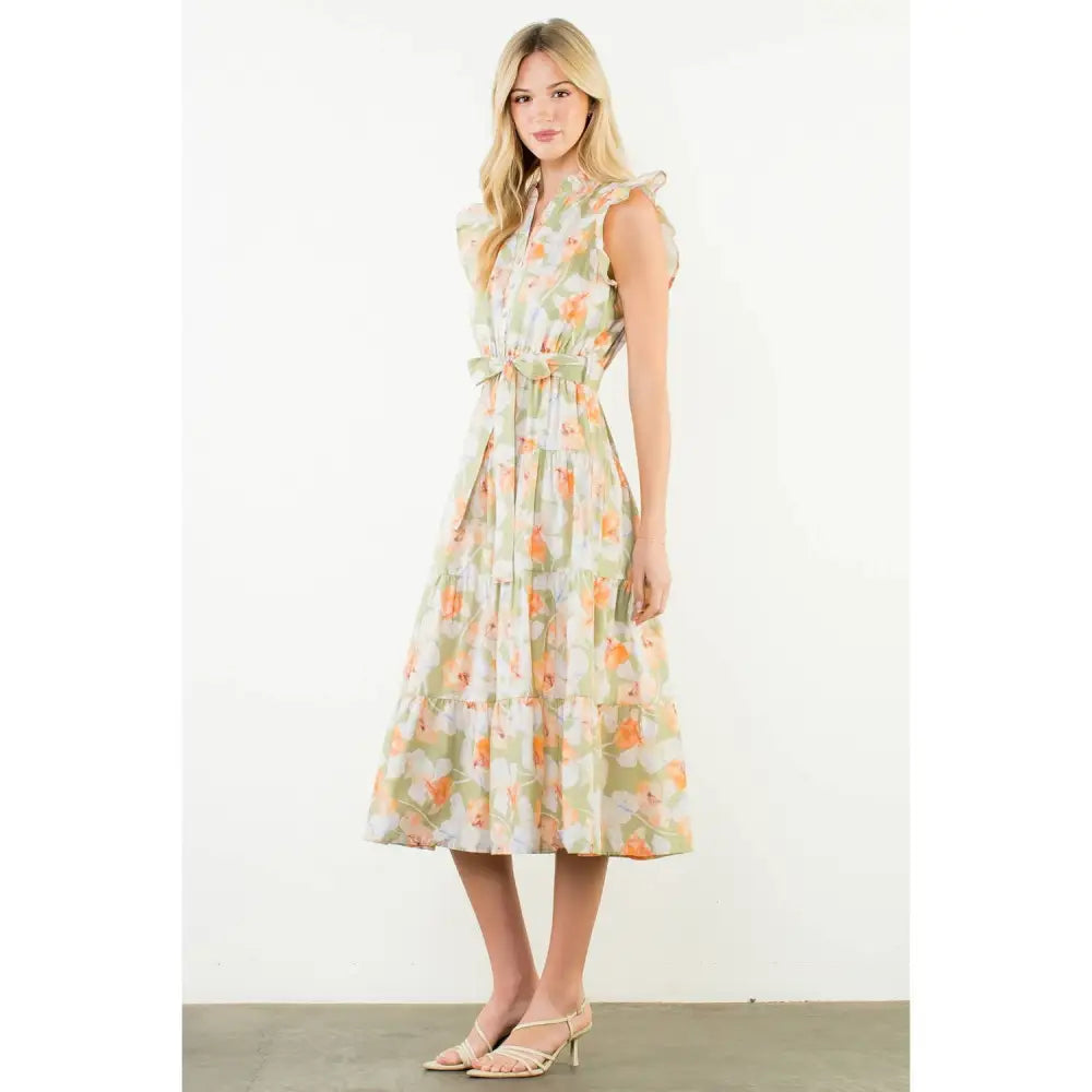 Ruffle Sleeves Floral Pattern Dress - PEACH / XS-S-M-L(1-2-2-1)