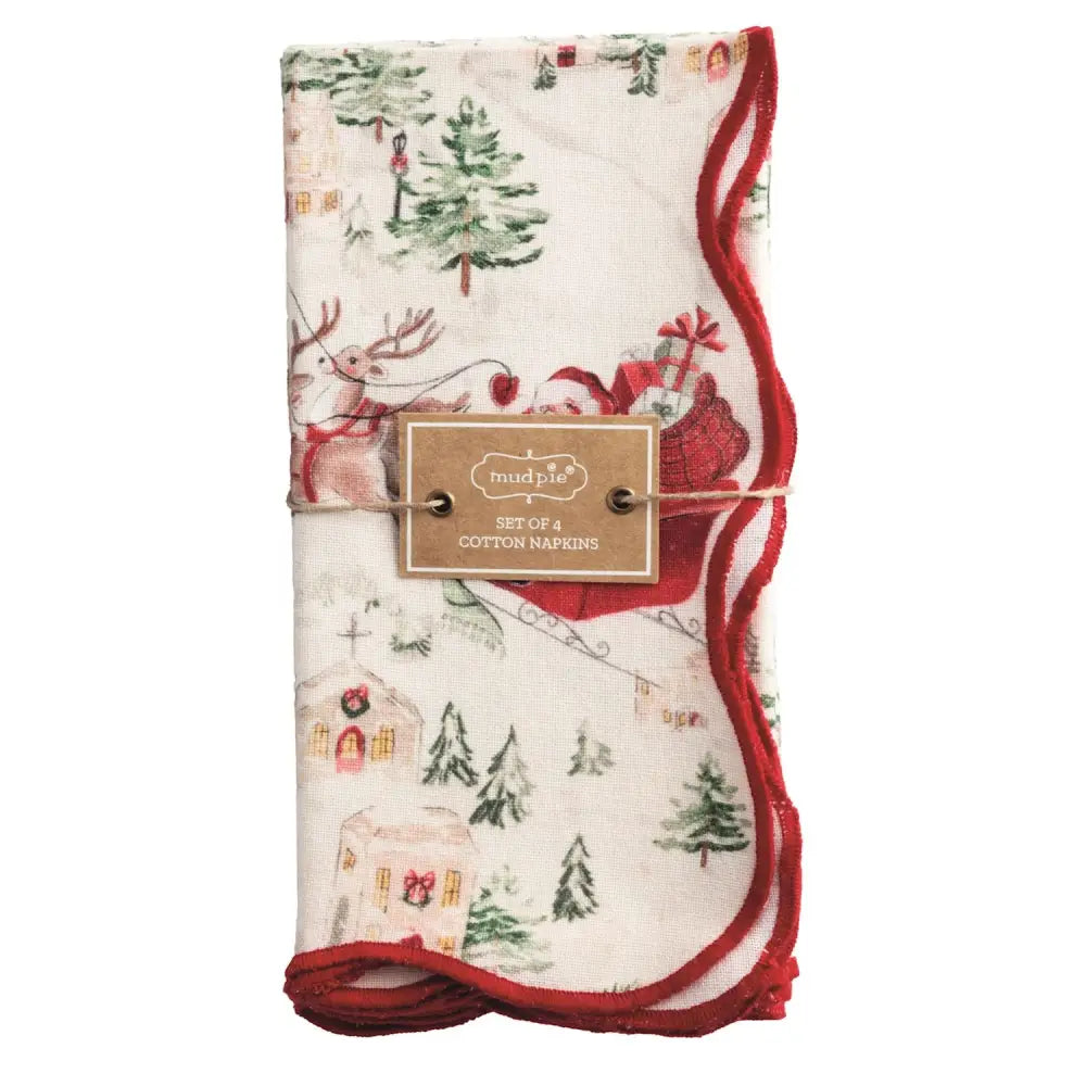 Santa Scene Scallop Napkin Set - Christmas