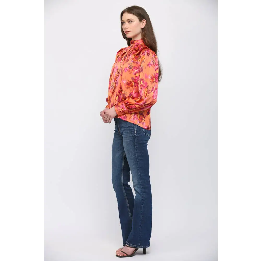 SATIN STANDING COLLAR WITH TIE DETAIL NECK BLOUSE FT25694