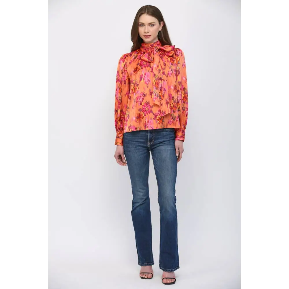 SATIN STANDING COLLAR WITH TIE DETAIL NECK BLOUSE FT25694