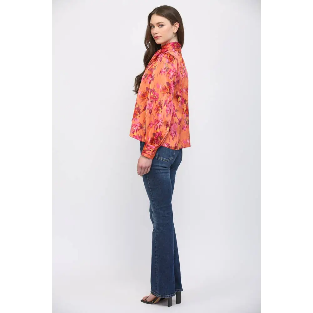 SATIN STANDING COLLAR WITH TIE DETAIL NECK BLOUSE FT25694