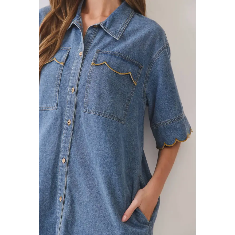 Scallop Edge Denim Mini Shirt Dress RD374