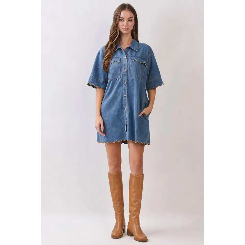 Scallop Edge Denim Mini Shirt Dress RD374 - S / DENIM