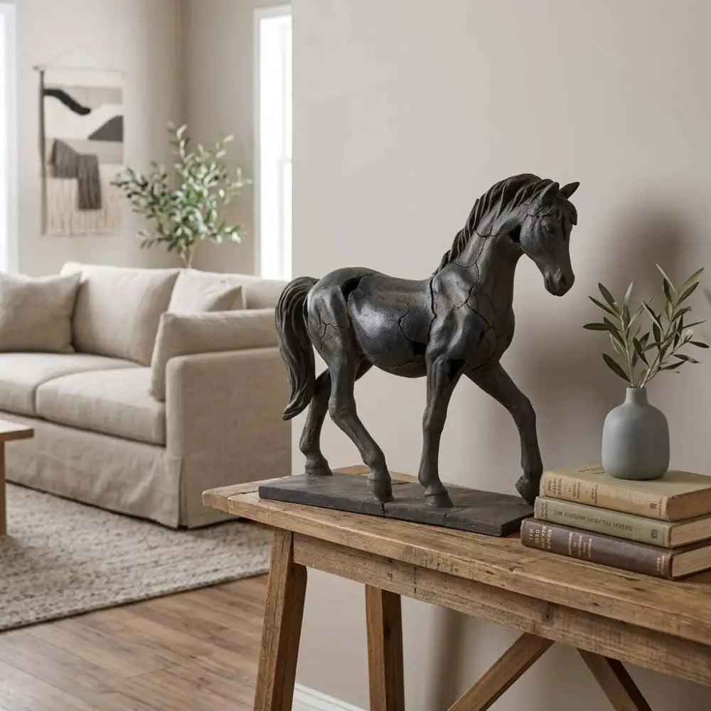 Sculpture - Brown Resin Cracked Horse On Stand 16 in.