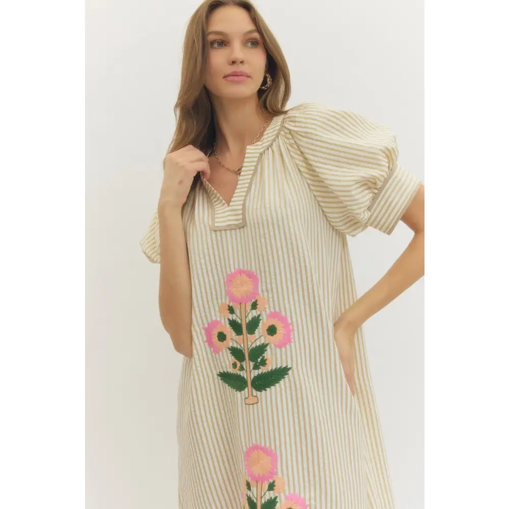 Seersucker Floral Dress - Midi Dress