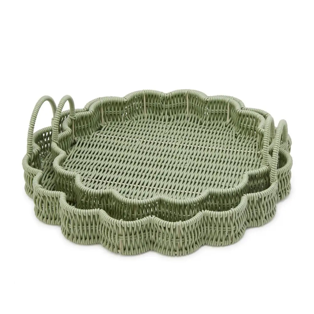 Set of 2 All Weather Wicker Scallop Edge Green Round Serving Tray with Handles - Tray