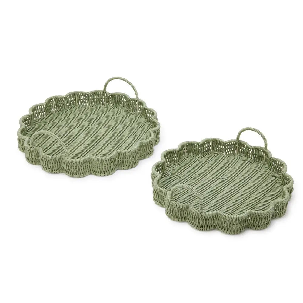 Set of 2 All Weather Wicker Scallop Edge Green Round Serving Tray with Handles - Tray